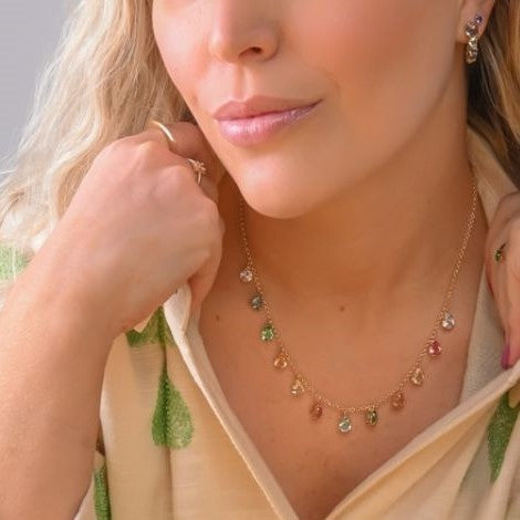 18K Gold Plated Cable Color Stone Teardrop Necklace