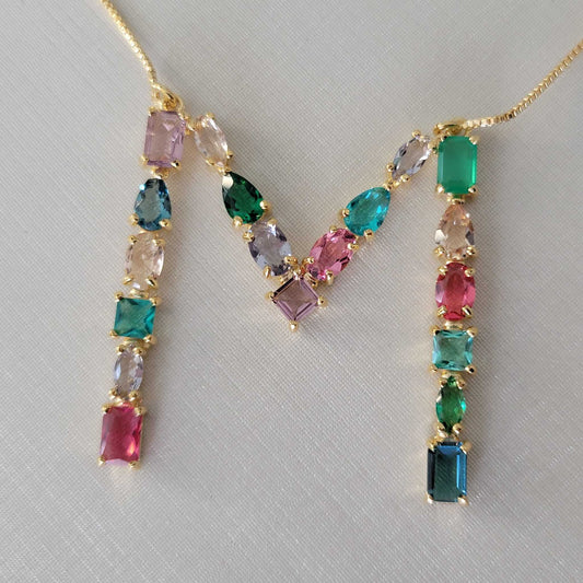 18K Gold Plated Mix of Stones Letter M Necklace