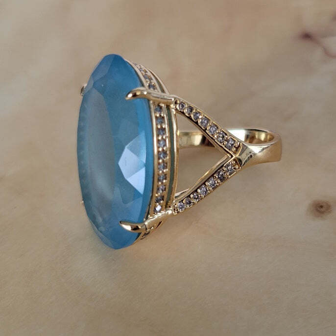 18K Gold Plated Oval Studded Zirconia Aquamarine Ring