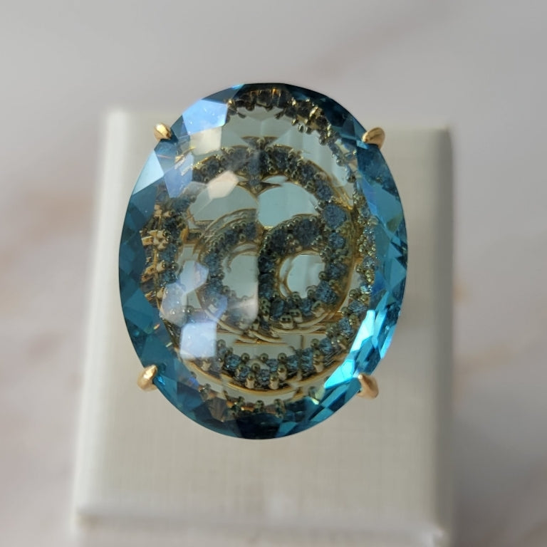 18K Gold Plated Studded Zirconia behind Aquamarine Stone Ring