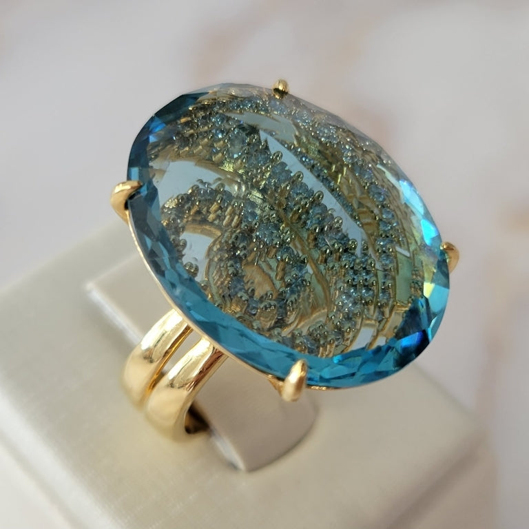 18K Gold Plated Studded Zirconia behind Aquamarine Stone Ring