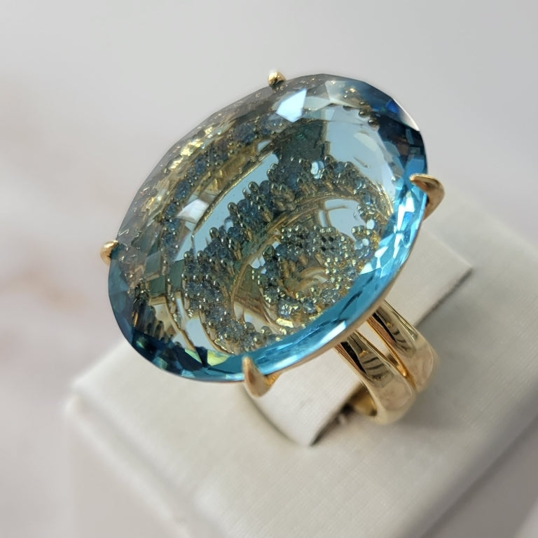 18K Gold Plated Studded Zirconia behind Aquamarine Stone Ring