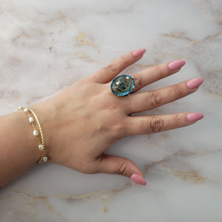18K Gold Plated Studded Zirconia behind Aquamarine Stone Ring