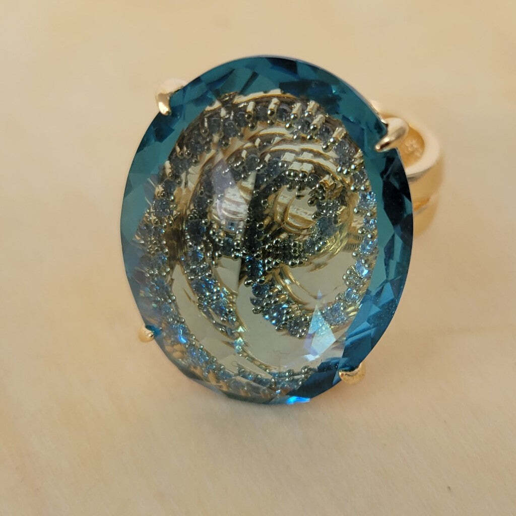 18K Gold Plated Studded Zirconia behind Aquamarine Stone Ring