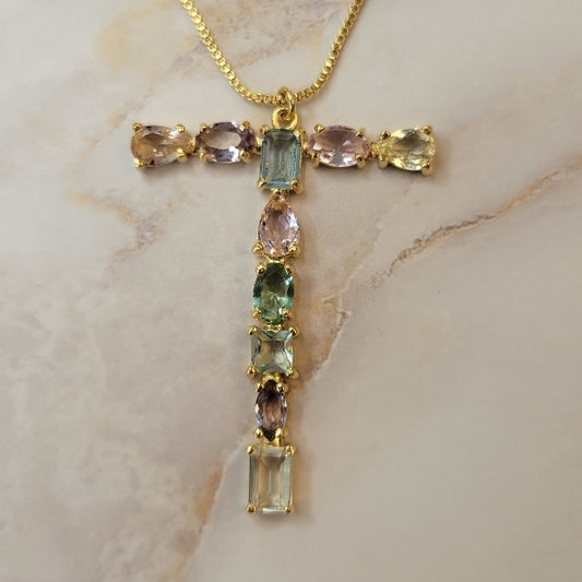 18K Gold Plated Mix of Stones Letter T Necklace