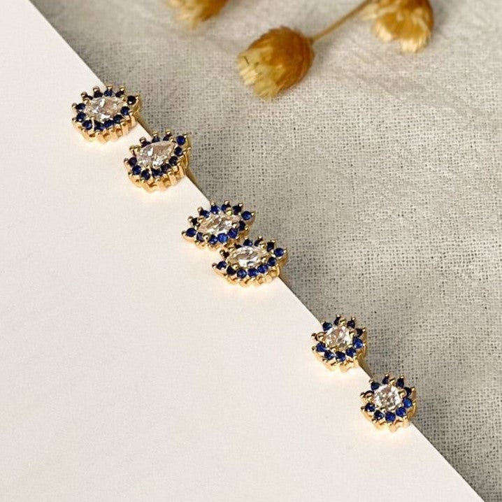 18K Gold Plated Trio Blue Zirconia Earrings