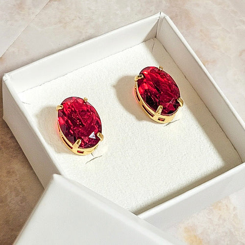 18K Gold Plated Stud Oval Ruby Earrings