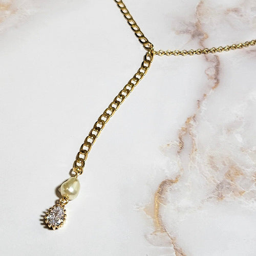18K Gold Plated Lariat Duo Curb and Dainty Chain Pearl and Zirconia Teardrop Pendant
