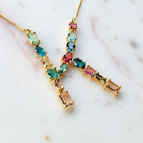 18K Gold Plated Mix of Stones Letter K Necklace