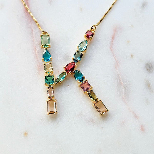 18K Gold Plated Mix of Stones Letter K Necklace