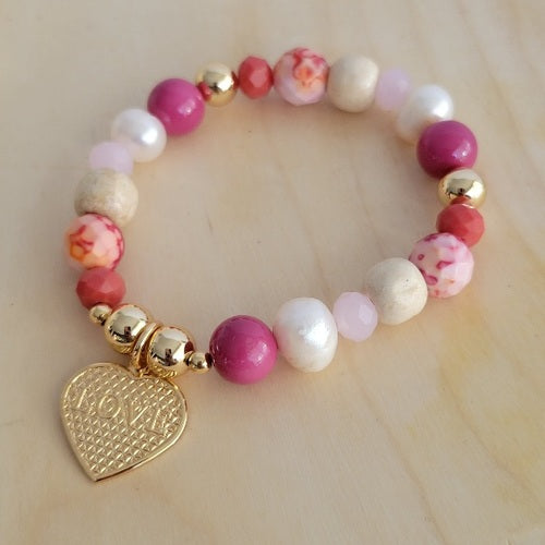18K Gold Plated Bracelet with heart charm and colorful balls.