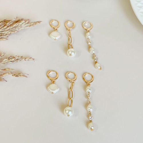 18K Gold Plated Trio Hoop With Shell and Pearls Pendant Earrings