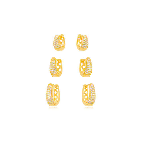 18K Gold Plated Trio Click Oval Hoops Studded Zirconias Earrings