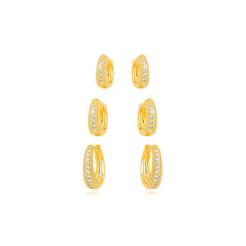 18K Gold Plated Trio Click Round Hoops Studded Zirconia Earrings