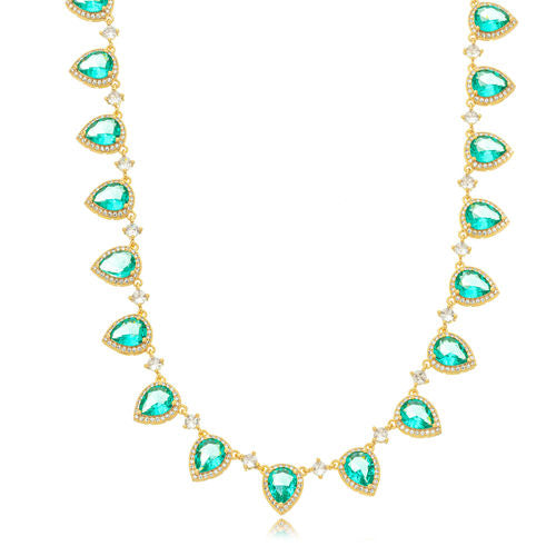 18K Gold Plated Green Zirconias Teardrops Bordered Zirconias Necklace
