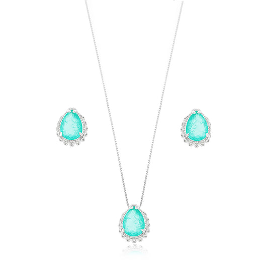 White Rhodium Plated Fusion Aquamarine Studded Zirconia Teardrop Shape Set