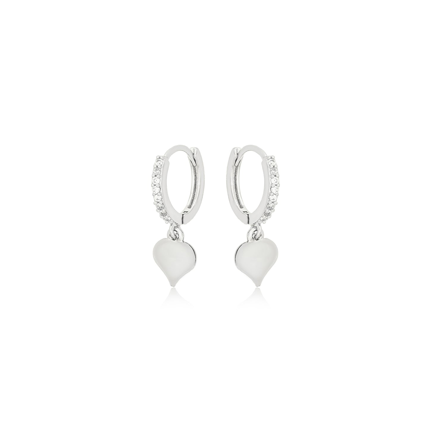 White Rhodium Plated Studded Zirconia Hoops Dangling Heart Earrings