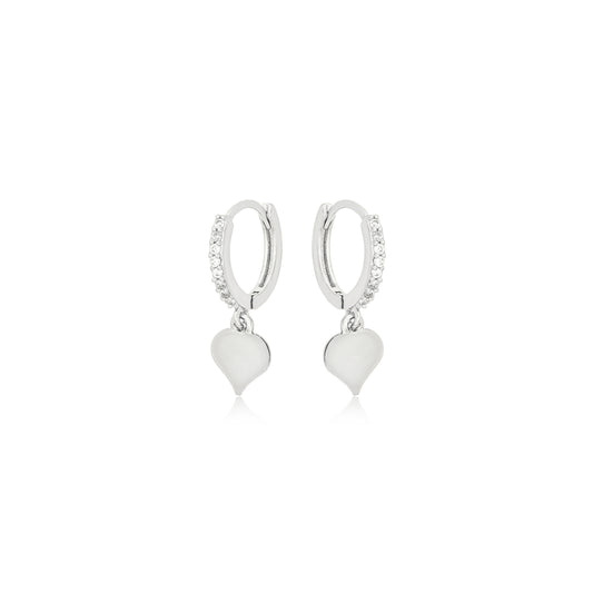 White Rhodium Plated Studded Zirconia Hoops Dangling Heart Earrings
