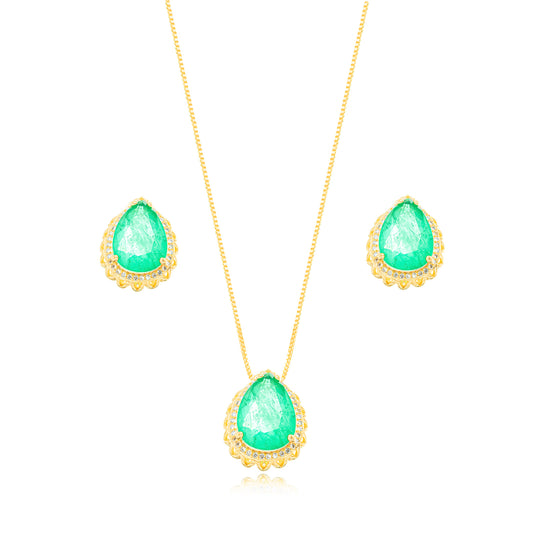 18K Gold Plated Fusion Green Tourmaline Studded Zirconia Teardrop Shape Set