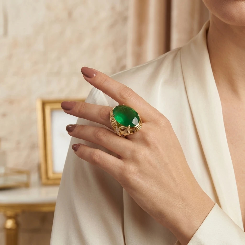 Green Tourmaline Studded Zirconia Ring - 18K Gold Plated