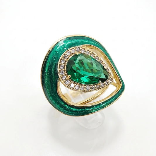 Colombian Emerald Teardrop Surrounded By Studded Zirconia Ring - 18K Gold Plated
