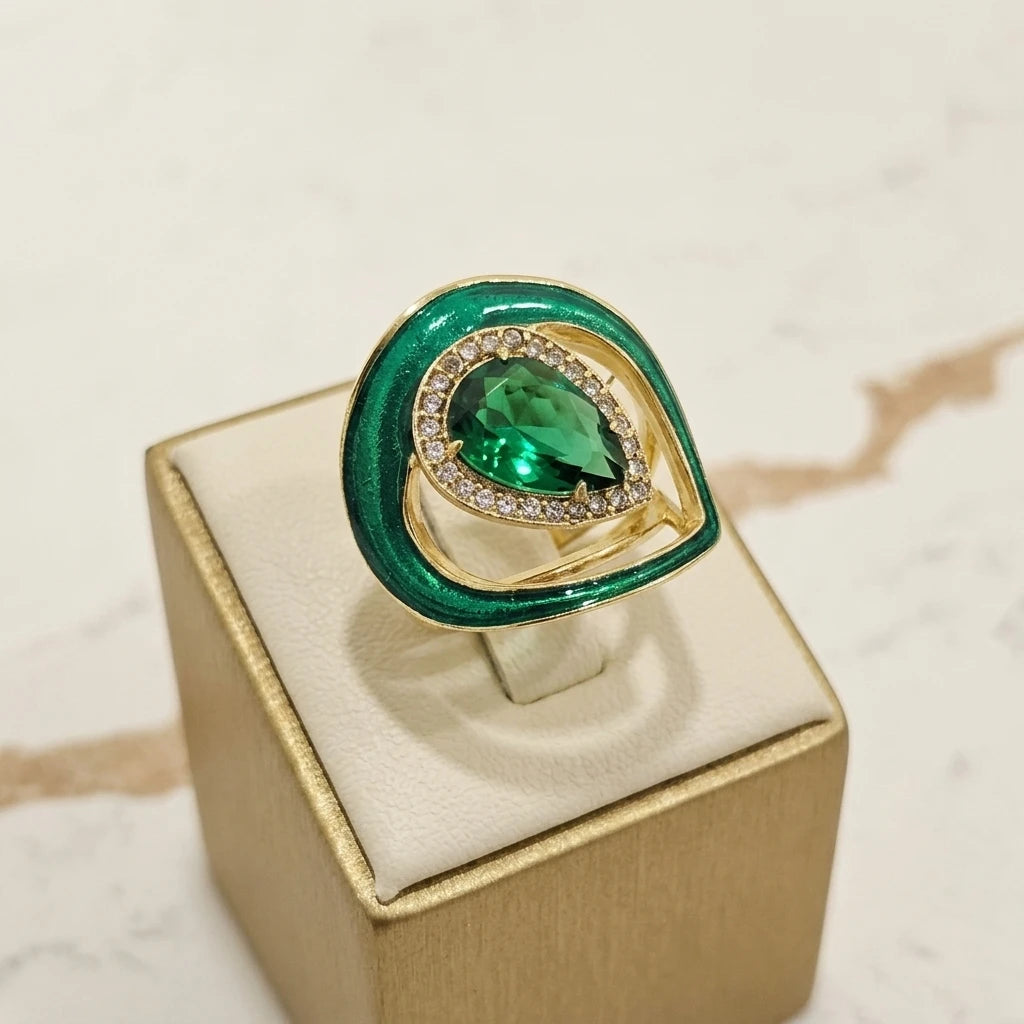 Colombian Emerald Teardrop Surrounded By Studded Zirconia Ring - 18K Gold Plated