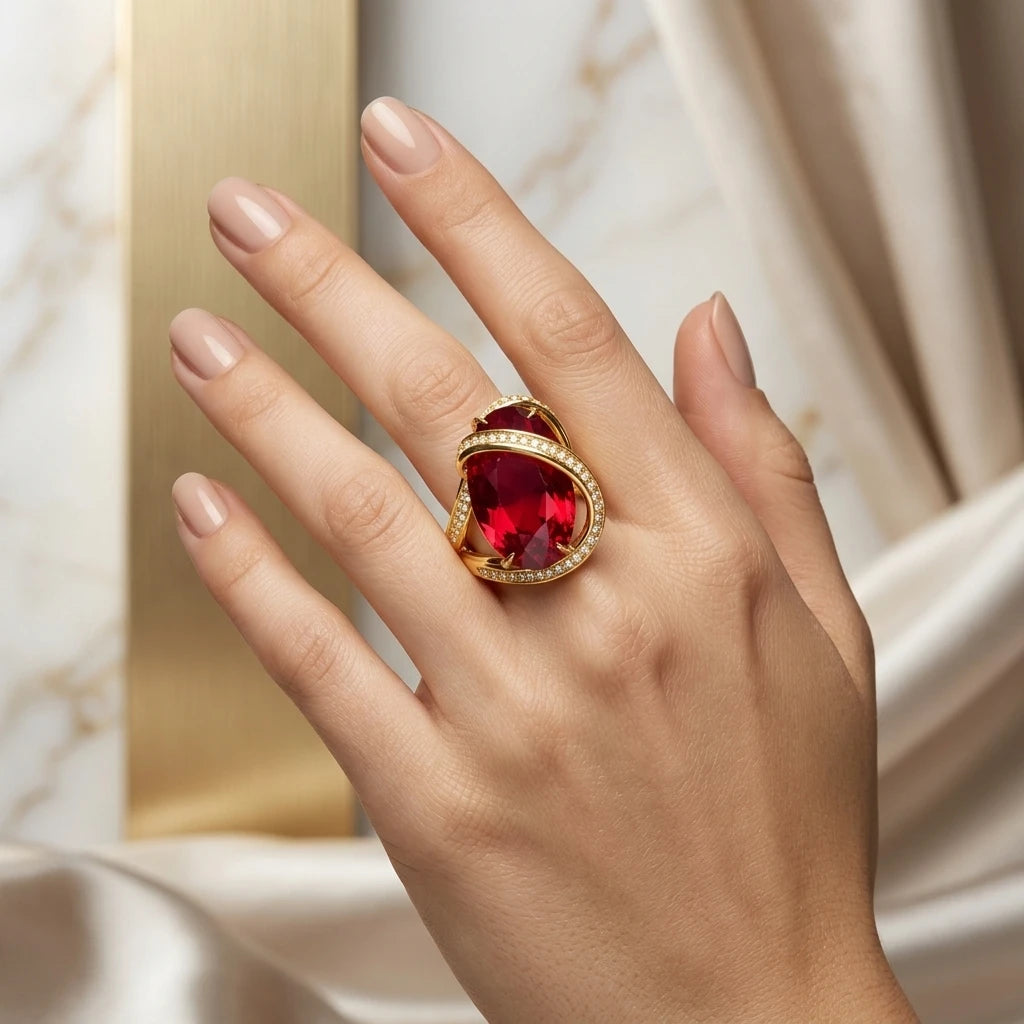 Ruby Studded Zirconia Ring - 18K Gold Plated