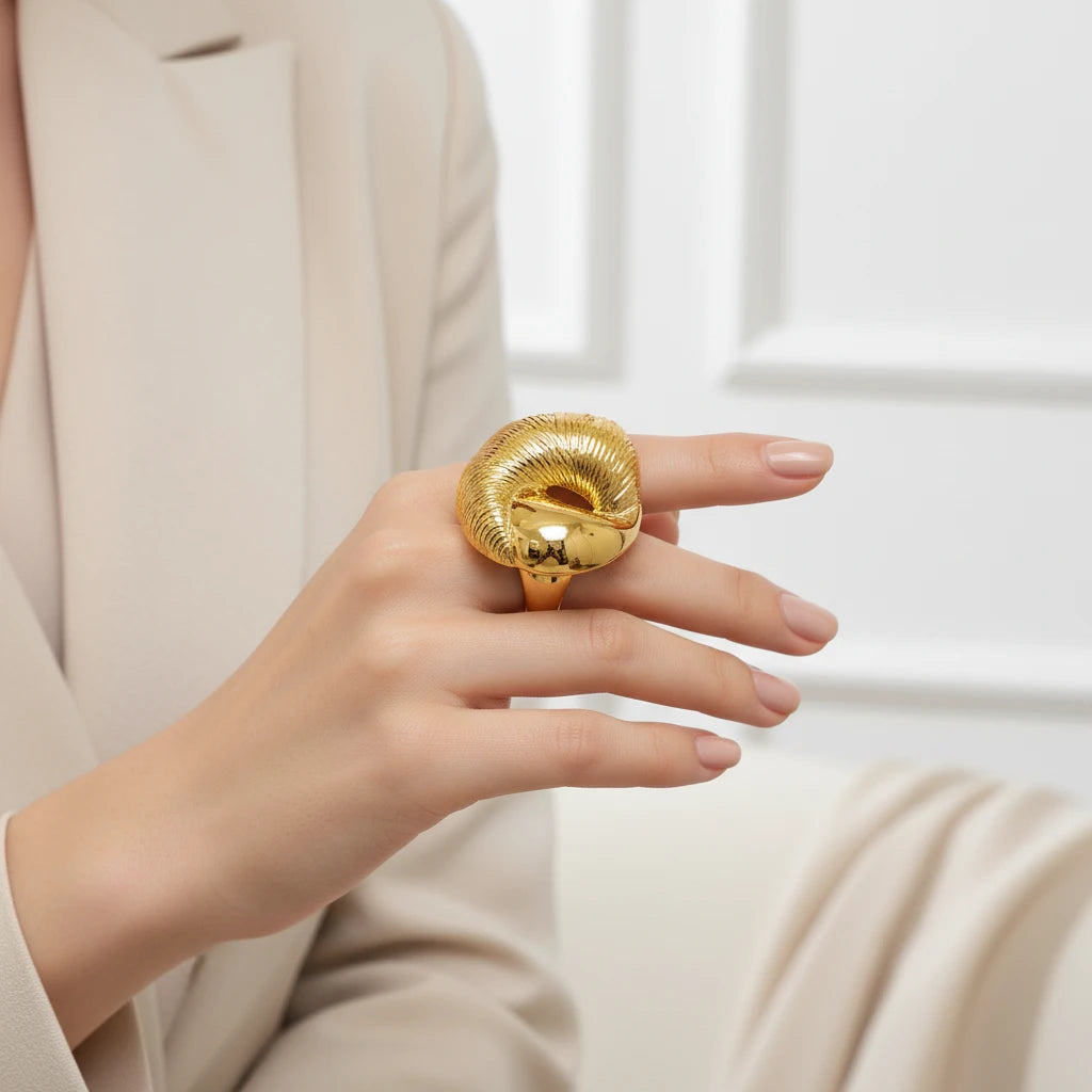 Dual Texture Interlocking Drops Ring - 18K Gold Plated