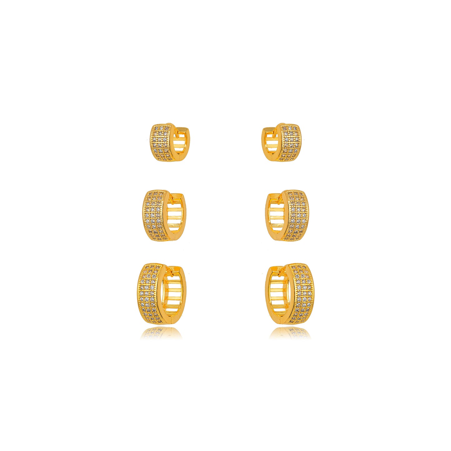 18K Gold Plated Trio Click Thick Hoops Studded Zirconia Earrings