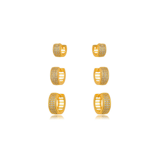 18K Gold Plated Trio Click Thick Hoops Studded Zirconia Earrings