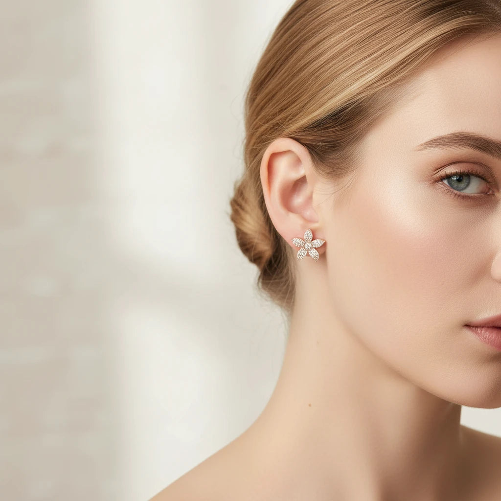 Flower Studded Zirconia Earrings - 18K Gold Plated
