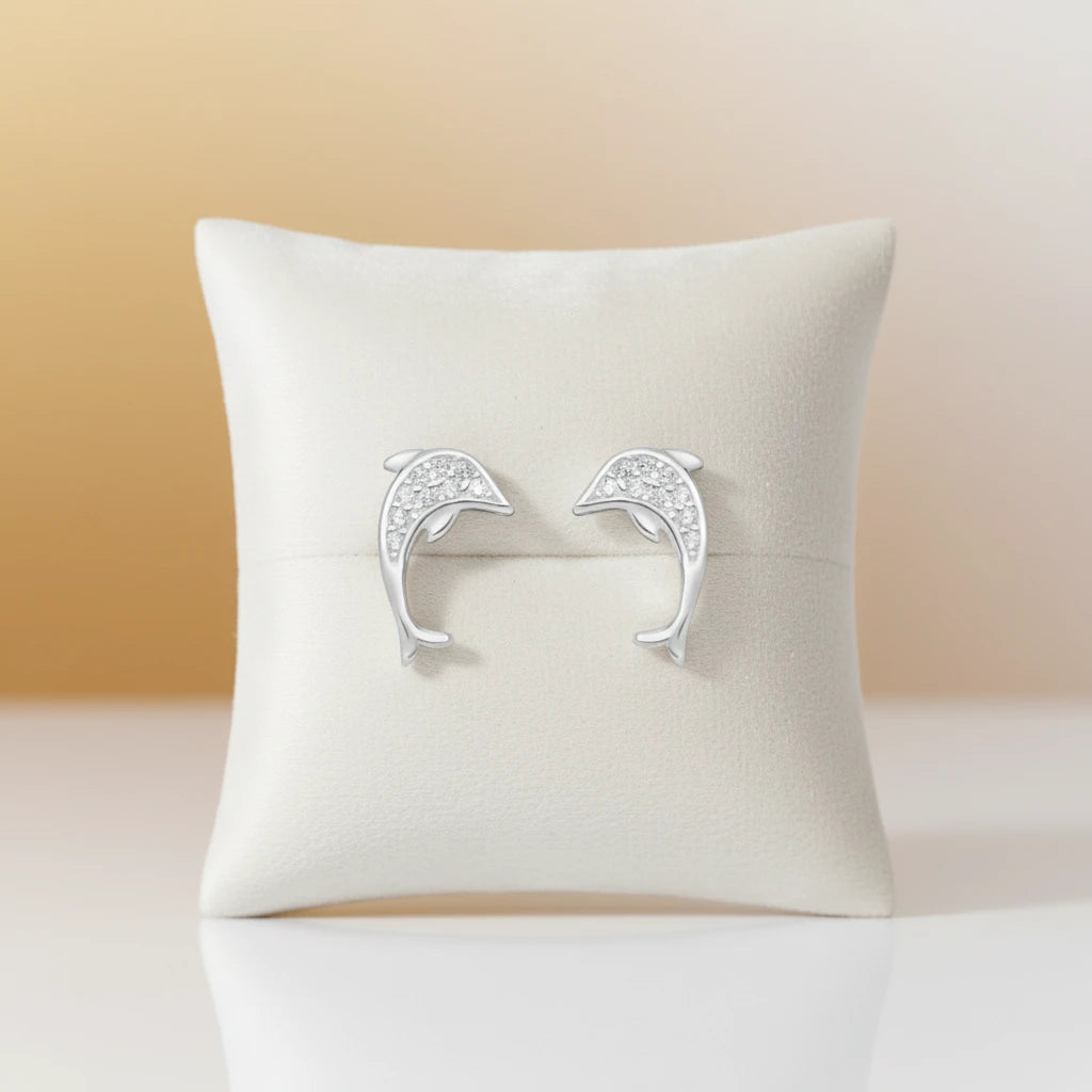 Small Dolphin Studded Stud Earrings - 925 Silver