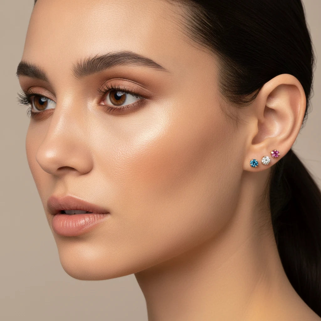 Delicate Trio of Mini Color Zirconia Studs 18K Gold Plated Earrings