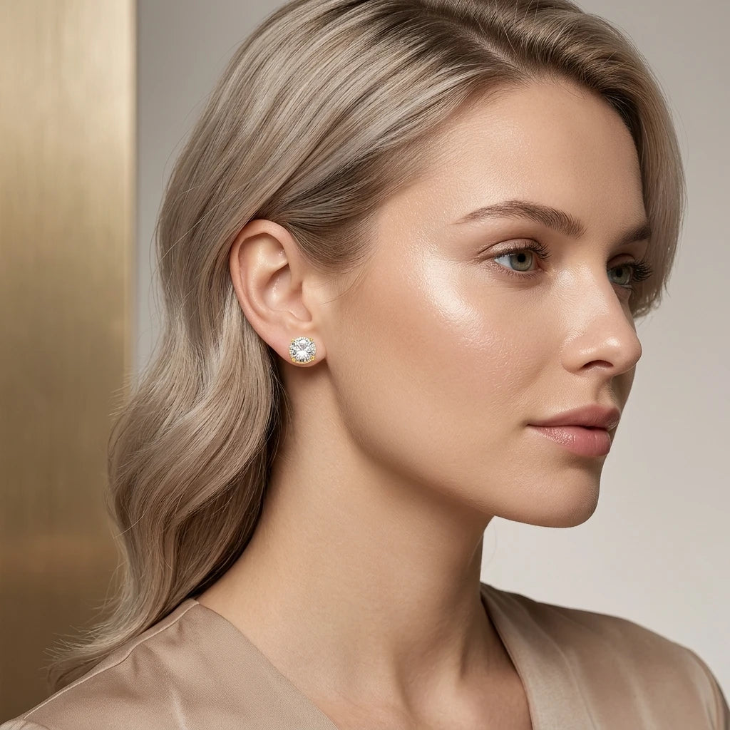 Round Cubic Zirconia Studs Earrings - 18K Gold Plated
