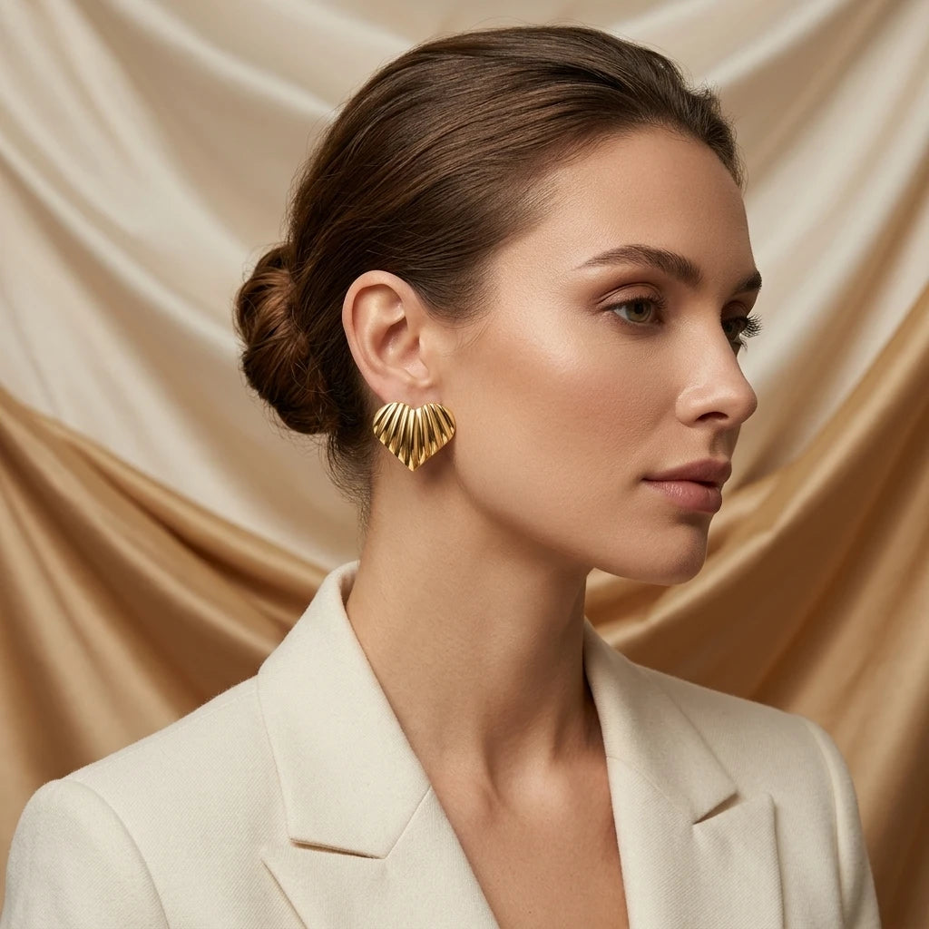 Fluted Heart Shape Stud Earrings - 18K Gold Plated