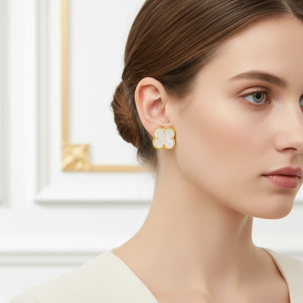 White Lucky Clover - 18K Gold Plated Earrings