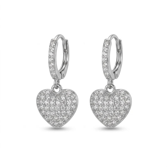Hoops Dangling Studded Zirconia Heart Earrings - White Rhodium Plated