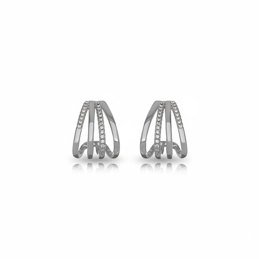 Ear Jacket Studded Zirconia Earrings - White Rhodium Plated
