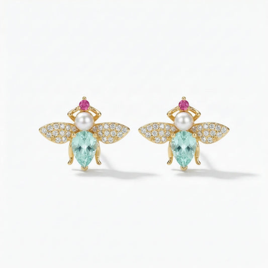Stone Stud Butterfly Earrings - 18K Gold Plated