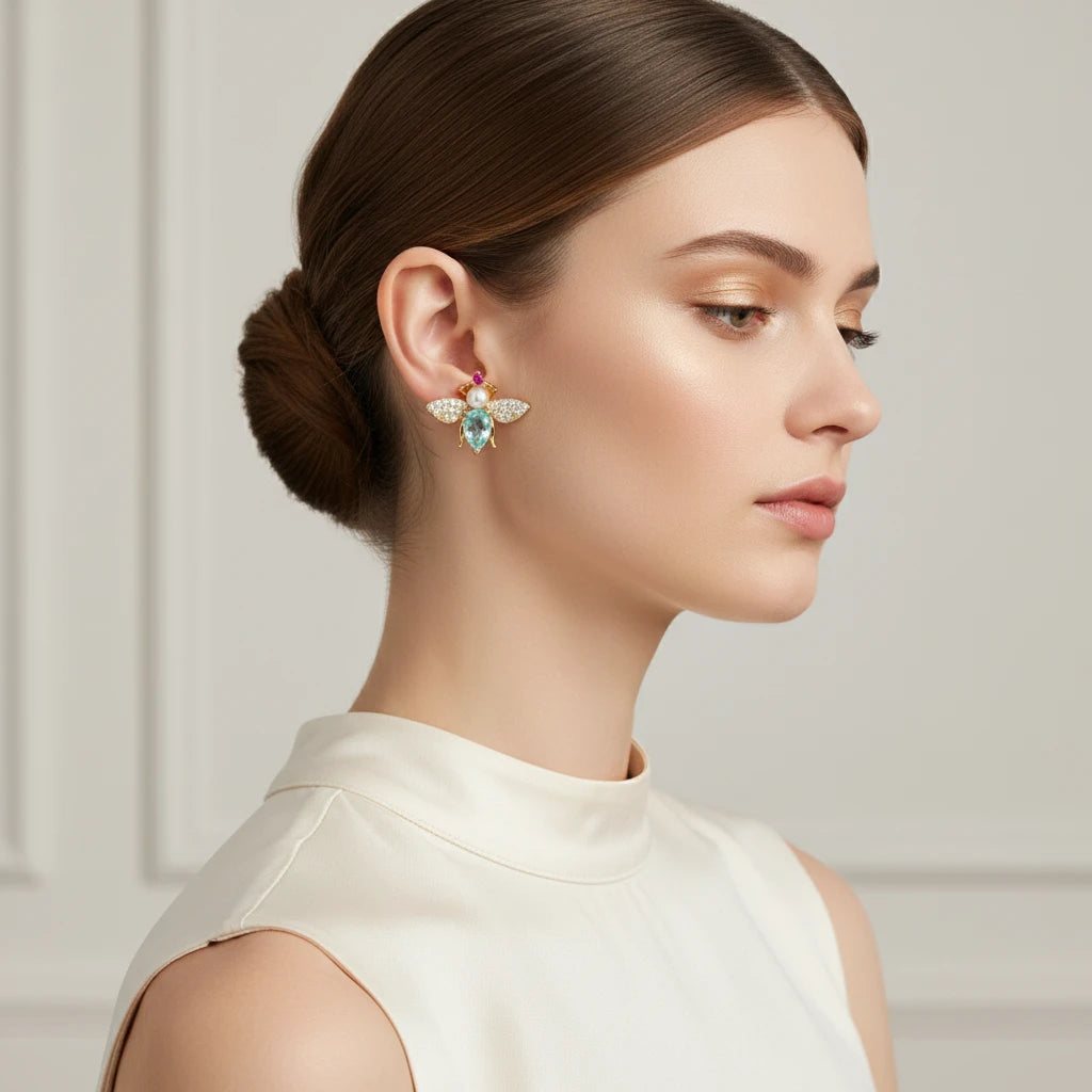 Stone Stud Butterfly Earrings - 18K Gold Plated