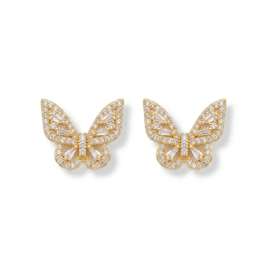 Studded Zirconia Butterfly Stud Earrings - 18K Gold Plated