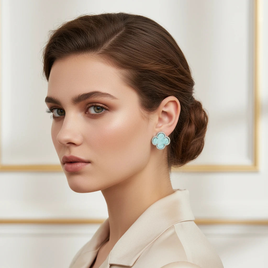Blue Lucky Clover Earrings - White Rhodium Plated