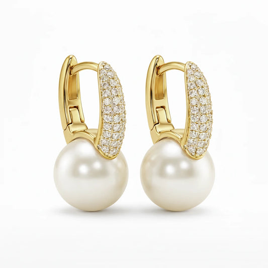 Pavé Hoop Square Earrings with Pearl Drop - 18K Gold Plated