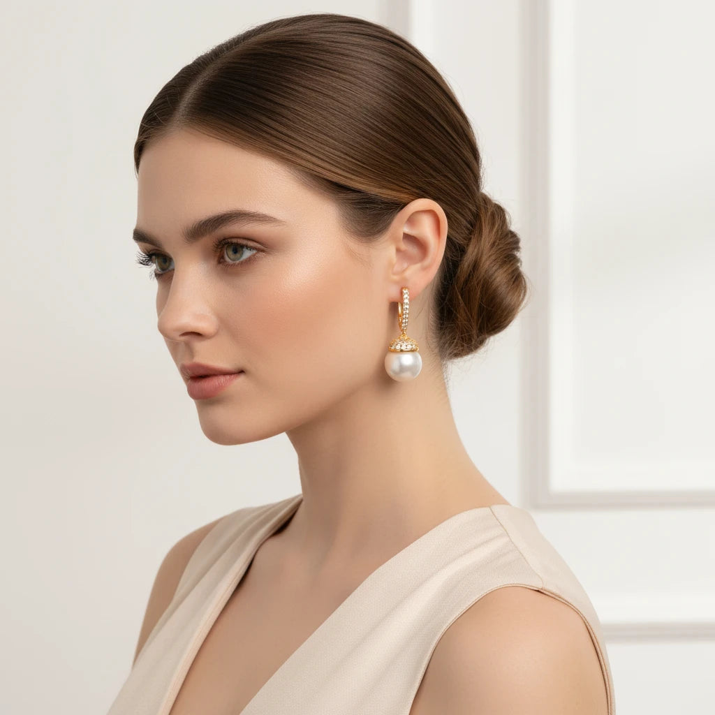 Pavé Hoop Earrings with Pearl Drop - 18K Gold Plated
