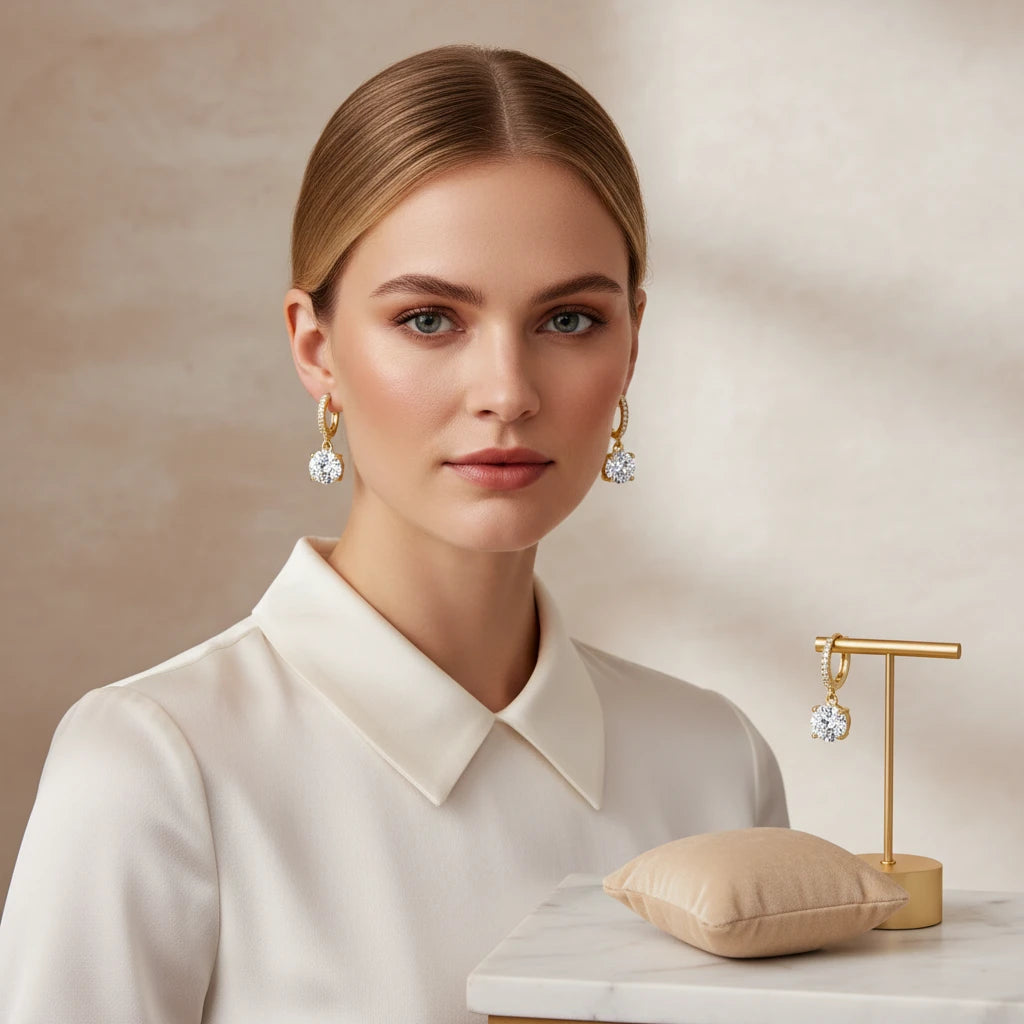 Click Hoops with Dangling Zirconia - 18K Gold Plated