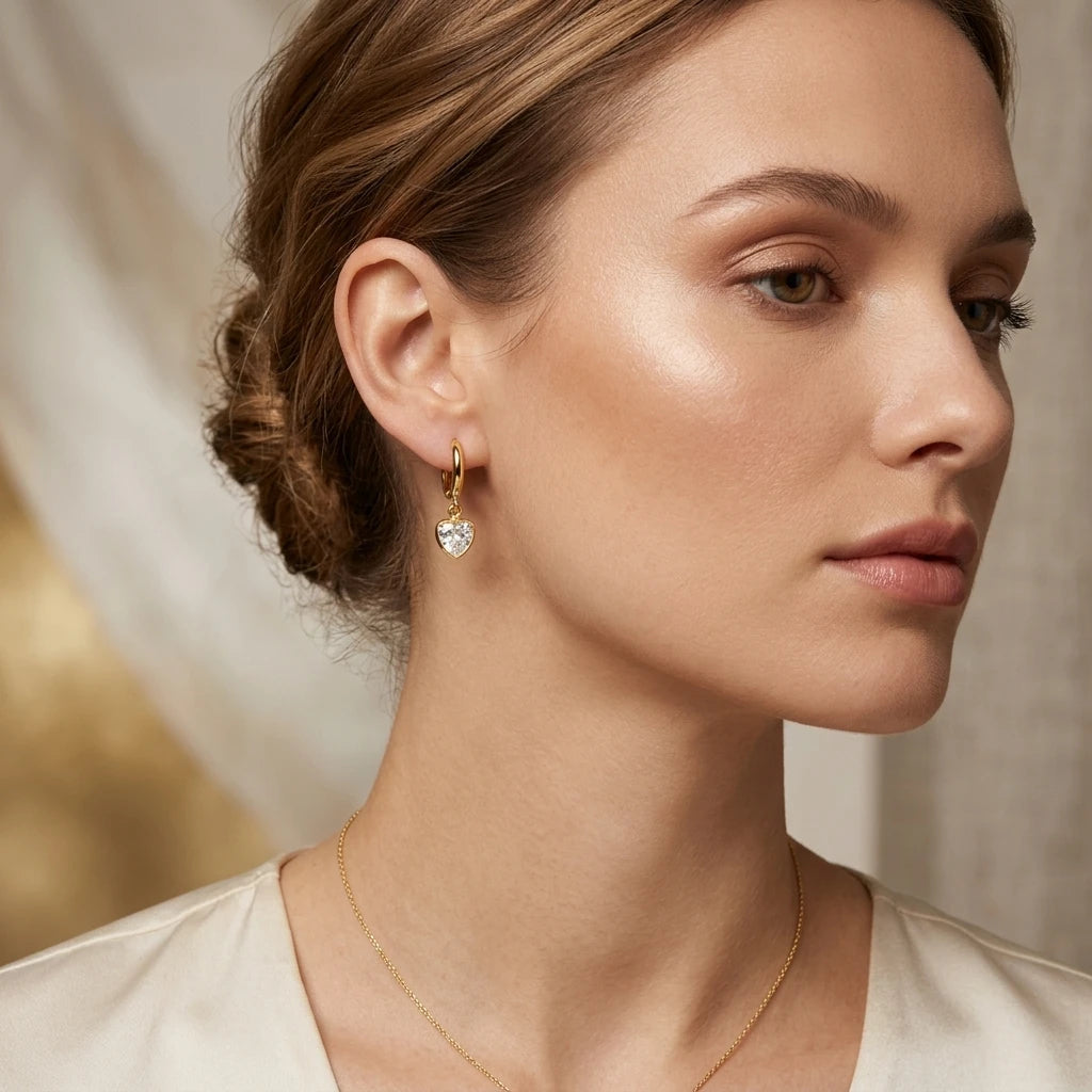 Hoops Dangling Studded Zirconia Heart Earrings - 18K Gold Plated