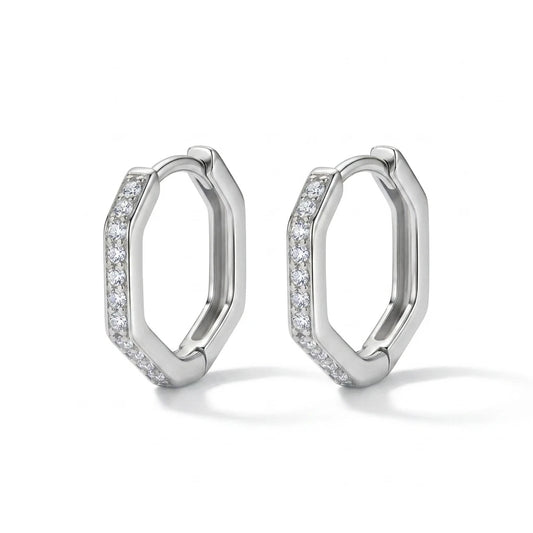 Hexagonal Click Hoops Earrings - White Rhodium Plated
