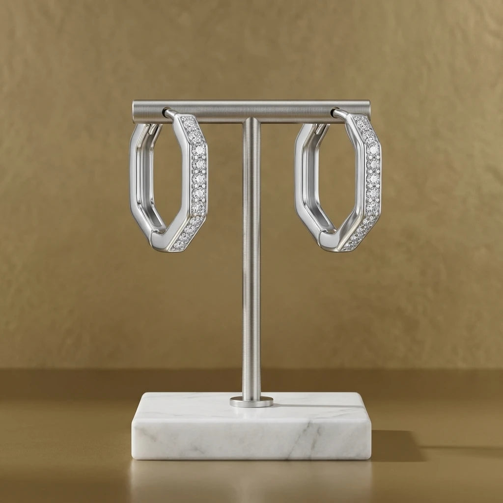 Hexagonal Click Hoops Earrings - White Rhodium Plated