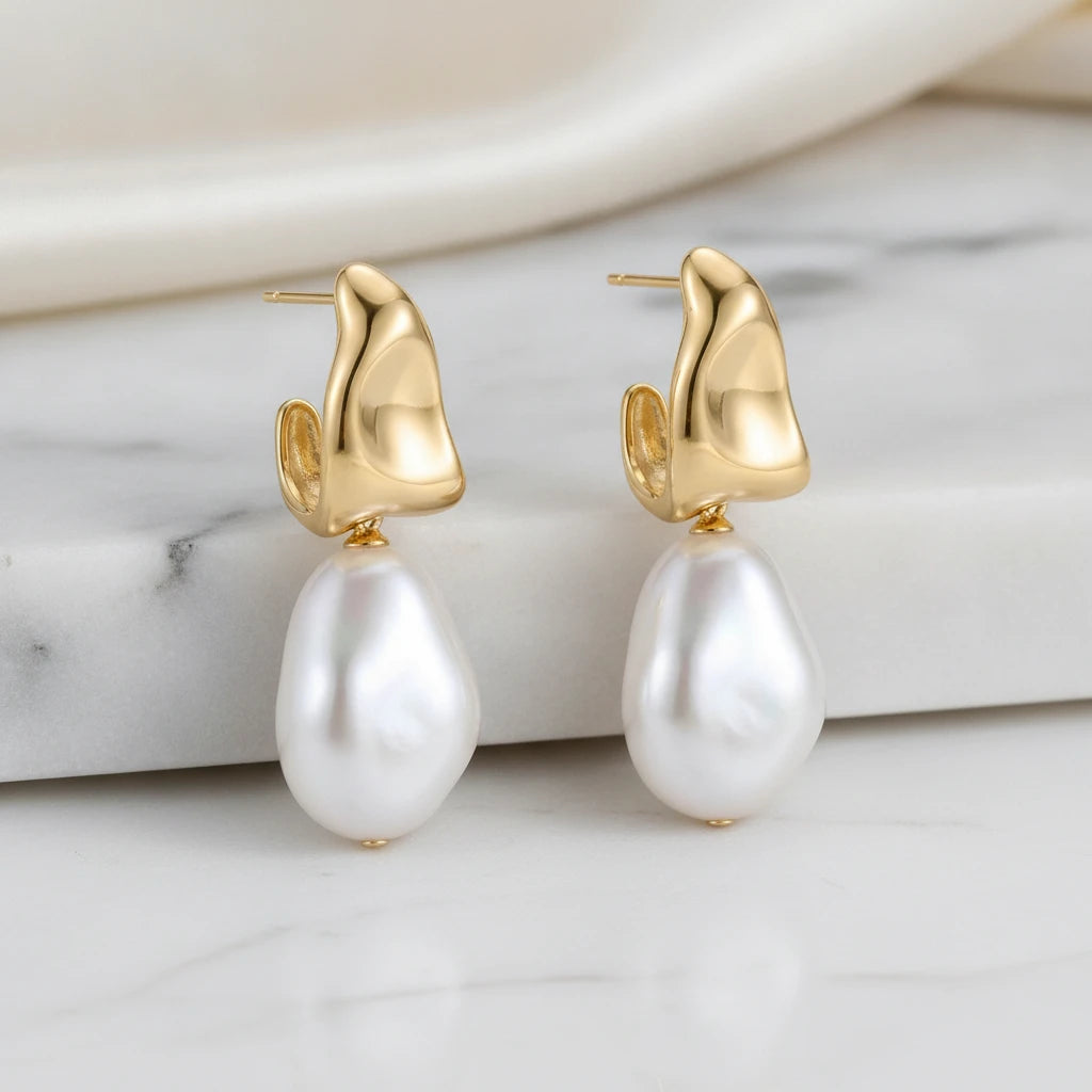 Organic Open Hoop with Pearl Earrings - 18K Gold Plated