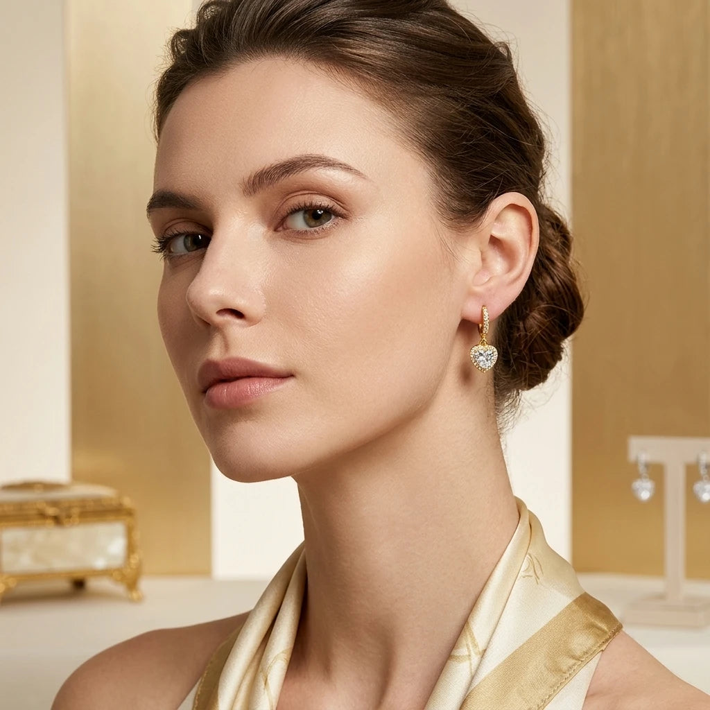 Hoops Dangling Studded Zirconia Heart Earrings - 18K Gold Plated